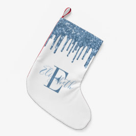 Elegant monogram blå glitterdroppar liten julstrumpa