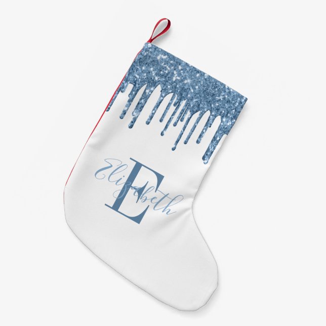 Elegant monogram blå glitterdroppar liten julstrumpa (Framsidan (Hängande))