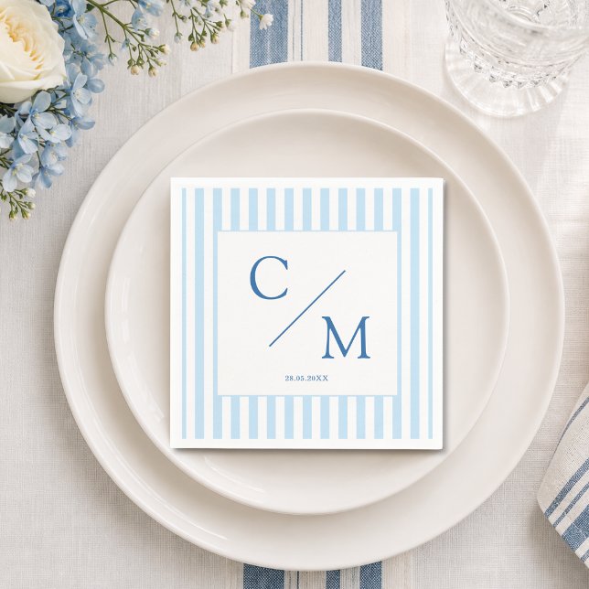 Elegant Monogram Blå Ränder Kustbröllop  Pappersservett (Elegant Monogram Blue Stripes Coastal Wedding Napkins)