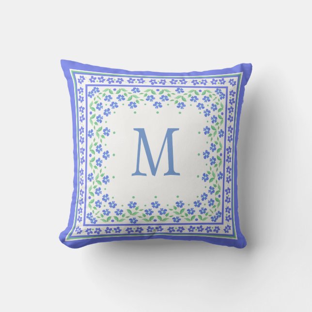 Elegant monogram blå vinblomsblommig kant kudde (Framsida)