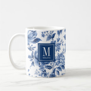 Elegant monogram blå vit blomsterros kaffemugg