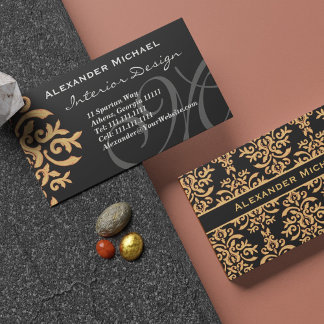 Elegant Monogram Black and Guld Damask Business Ca Visitkort
