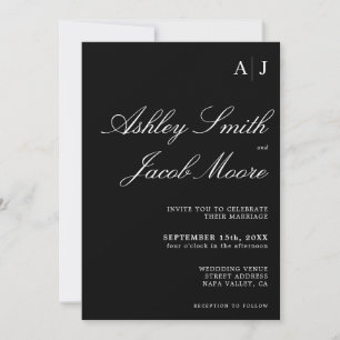 Elegant Monogram Black and White Bröllop Inbjudningar