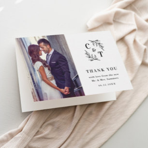 Elegant Monogram Black and White Bröllop Photo Tack Kort