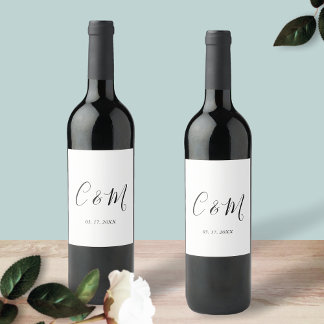 Elegant Monogram Black and White Bröllop Vinflaska Etikett