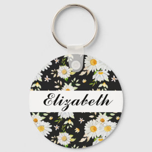 Elegant Monogram Black and White Daisy Mönster Nyckelring