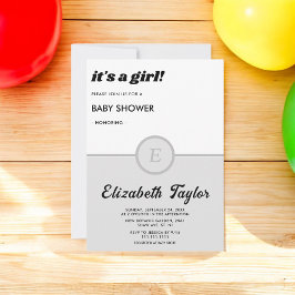 Elegant Monogram Black and White Grått Baby Shower Inbjudningar