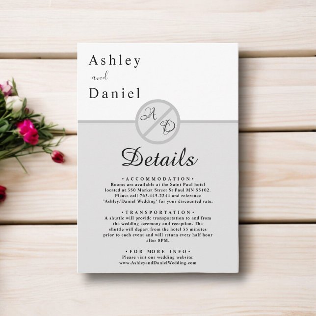 Elegant Monogram Black and White Grått Chic Bröllo Tilläggskort (Skapare uppladdad)