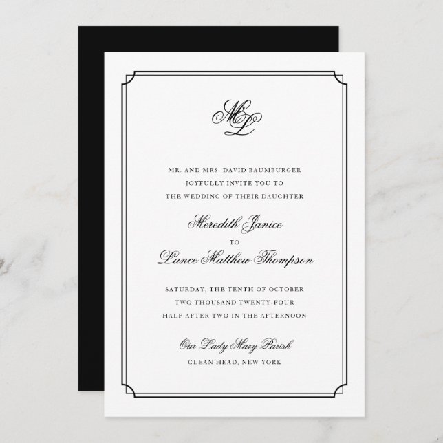 Elegant Monogram Black and White Script Bröllop Inbjudningar (Fram/baksida)