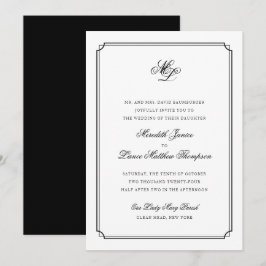 Elegant Monogram Black and White Script Bröllop Inbjudningar