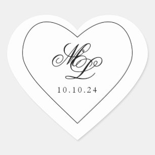 Elegant Monogram Black and White Script Hjärtformat Klistermärke
