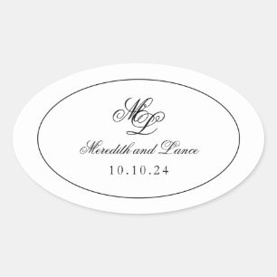 Elegant Monogram Black and White Script Ovalt Klistermärke