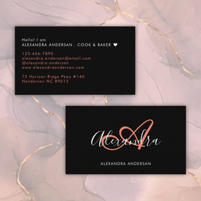 Elegant Monogram Black Coral Script Namn Visitkort (Elegant Monogram Black Coral Script Name Business Card)