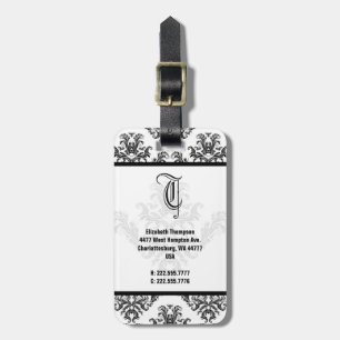 Elegant Monogram Black Damask Luggage Tag Bagagebricka