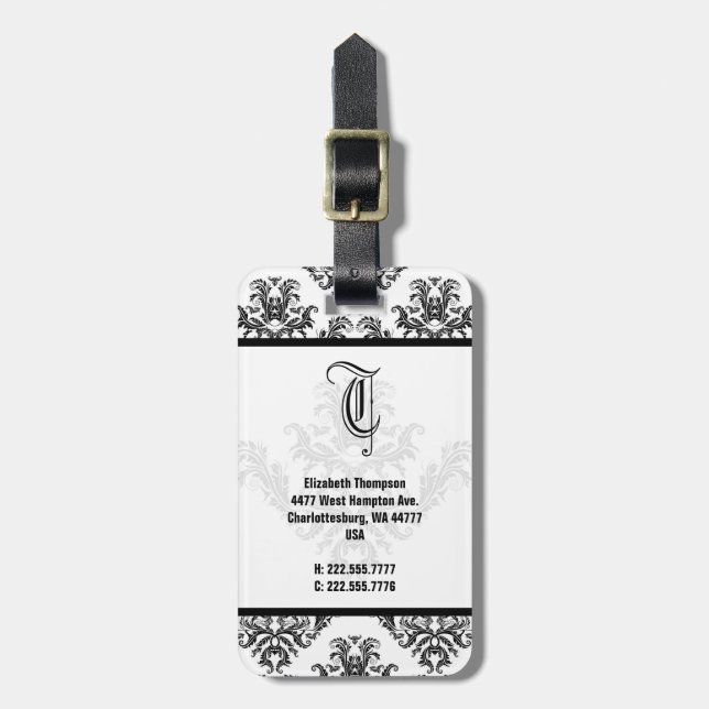 Elegant Monogram Black Damask Luggage Tag Bagagebricka (Vertikal Framsida)
