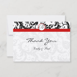 Elegant Monogram Black Damask Red Trim Bröllop Anteckningskort