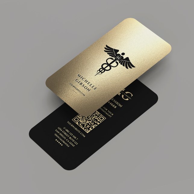 Elegant Monogram Black Faux Guld Caduceus Medical Visitkort (Elegant Monogram Black Gold Caduceus Medical Business Card
)