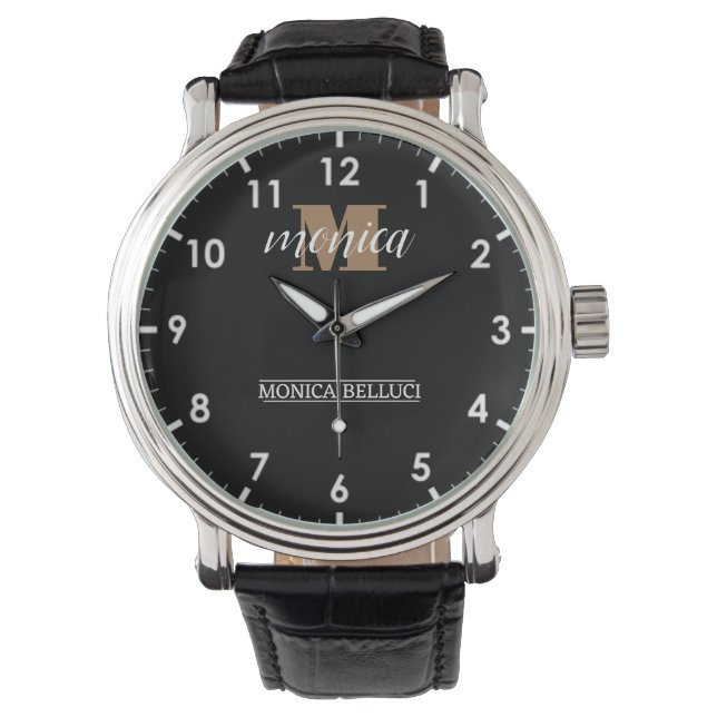 Elegant Monogram Black Gold Script minimal Armbandsur (Framsida)