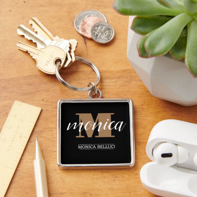 Elegant Monogram Black Gold Script minimal Fyrkantig Silverfärgad Nyckelring (Skrivbord)