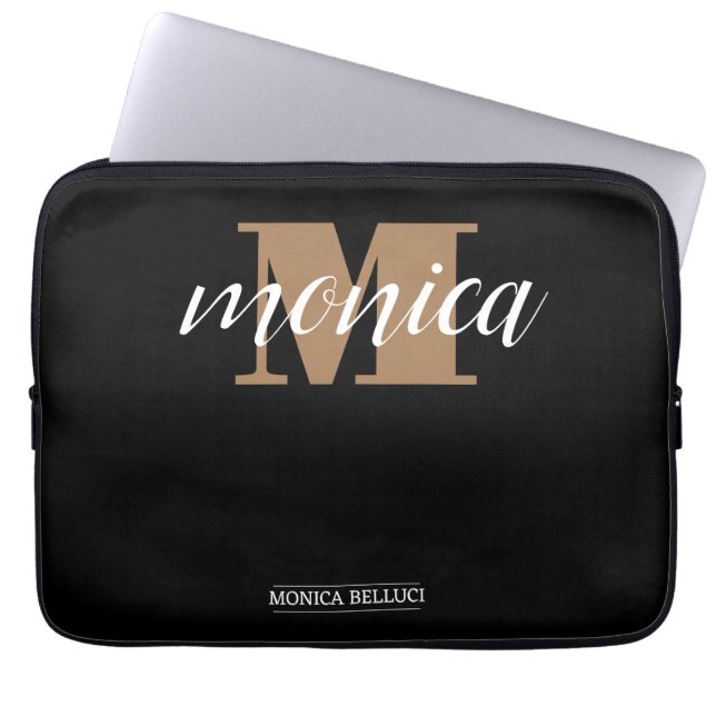 Elegant Monogram Black Gold Script minimal Laptop Fodral (Framsidan)