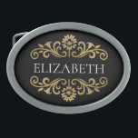 Elegant Monogram Black Guld<br><div class="desc">En elegant svart och guld blomstrar i bälte. Så Chic och snyggt! Lägg till ditt namn mellan blommigten guld blomstrar på framsidan. Designad av Blackberry Boulevard.</div>