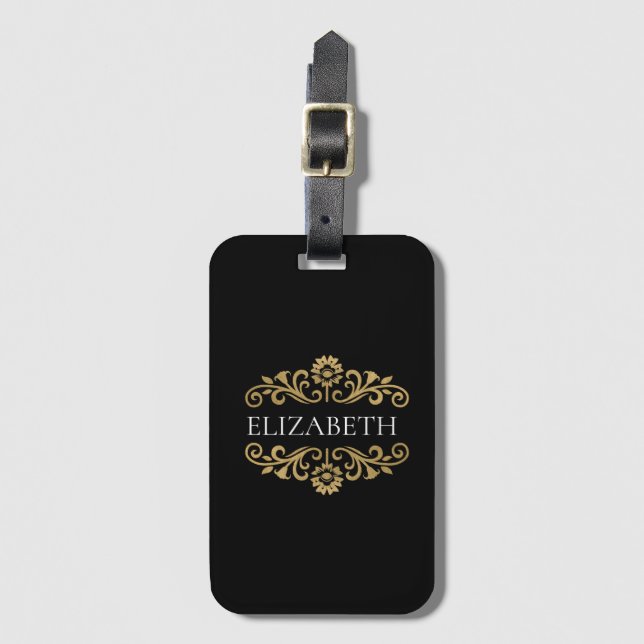 Elegant Monogram Black Guld Bagagebricka (Framsida vertikal)