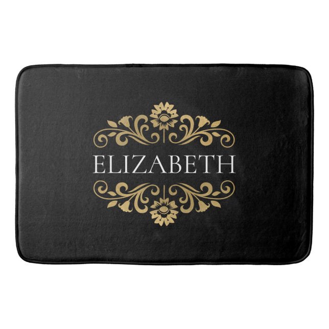 Elegant Monogram Black Guld Bath Mat Badrumsmatta (Framsidan)