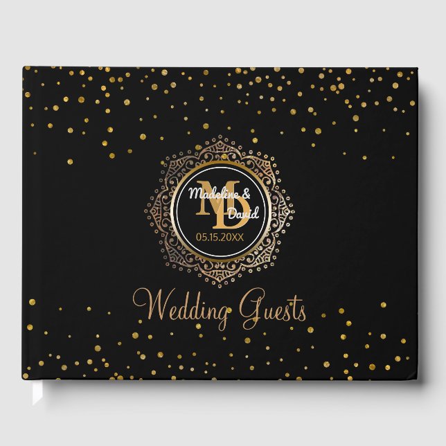 Elegant Monogram | Black Guld Confetti Bröllop Gästböcker (Framsida)