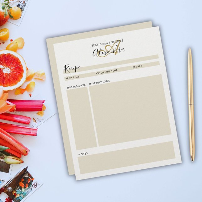 Elegant Monogram Black Guld Modern Recept Lakan (Elegant Monogram Black Gold Modern Recipe Sheet)