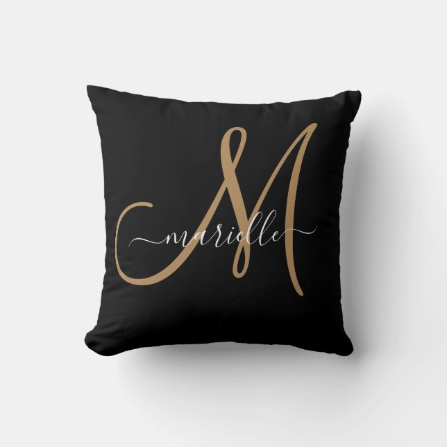 Elegant Monogram Black Guld Namn Dekorativ kudde (Framsida)