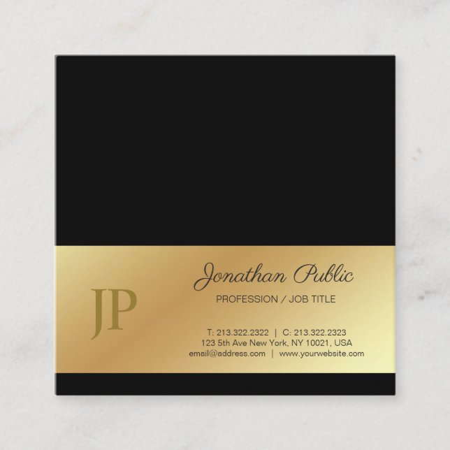 Elegant Monogram Black Guld Plain Luxury Silke Fyrkantigt Visitkort (Framsida)