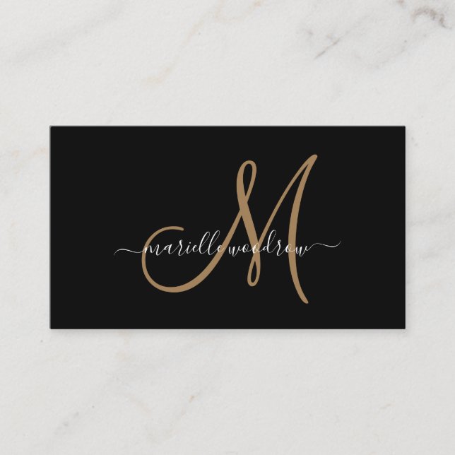 Elegant Monogram Black Guld-skript Namn Visitkort (Framsida)