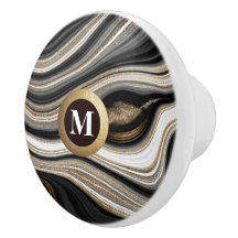 Elegant Monogram Black Guld White Agate
