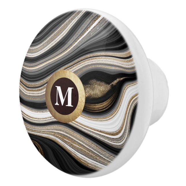 Elegant Monogram Black Guld White Agate Knopp (Höger)