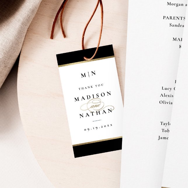 Elegant Monogram Black och Guld Bröllop Presentetikett (Elegant black and gold wedding thank you favor tag.)