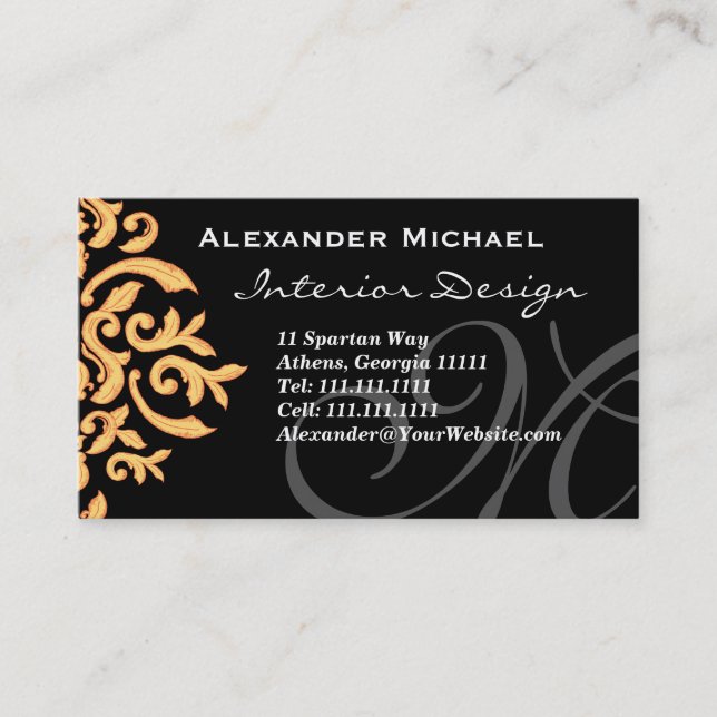 Elegant Monogram Black och Guld Damask Visitkort (Framsida)
