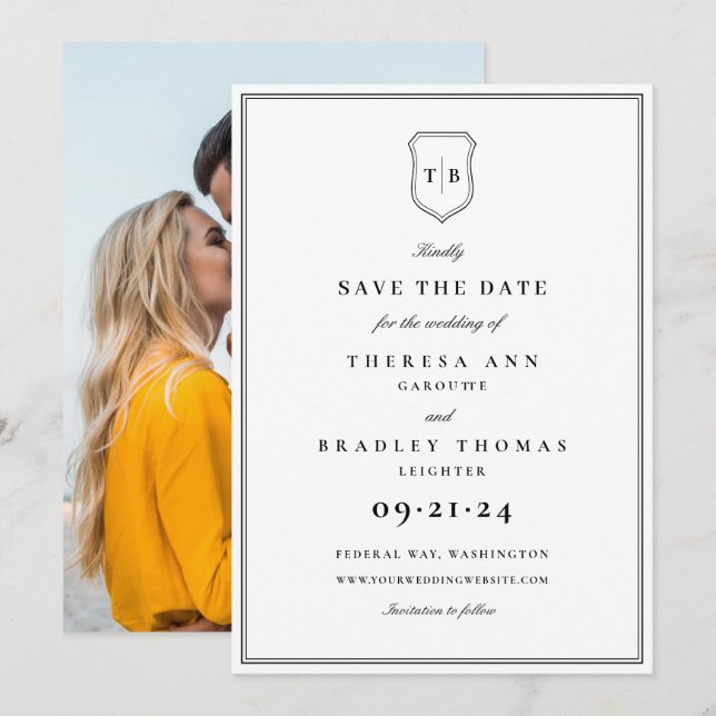 Elegant Monogram Black Vapensköld Foto Spara datum Datumet (Fram/baksida)