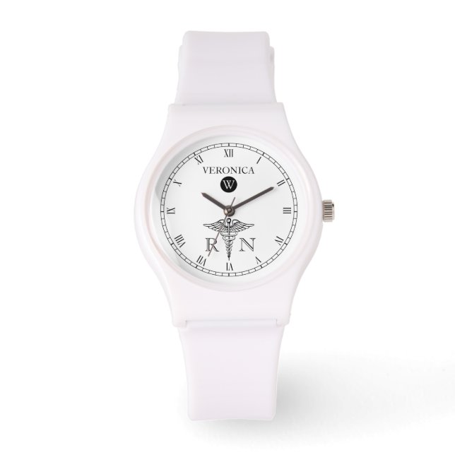 Elegant Monogram Black|White Ansikte Nurse Watch Armbandsur (Framsida)