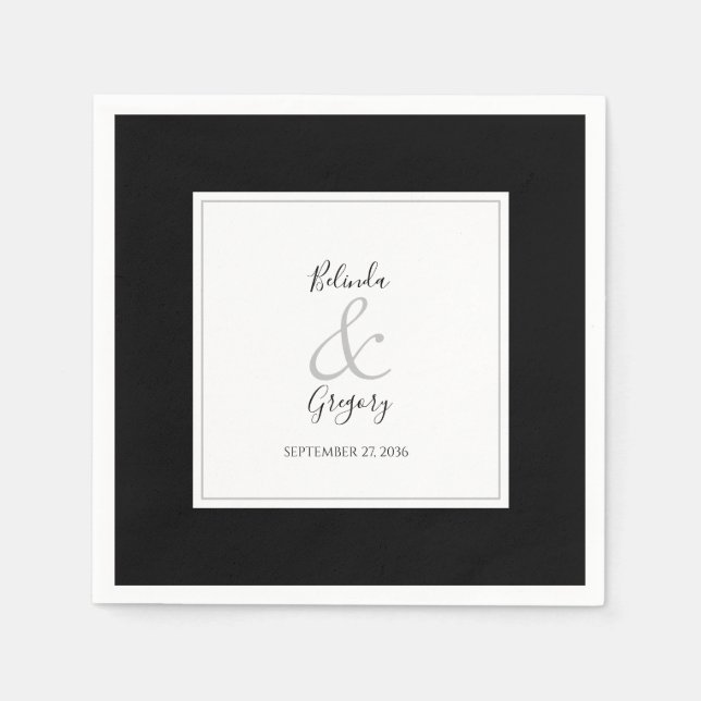 Elegant Monogram Black & White Bröllop Pappersservett (Framsidan)