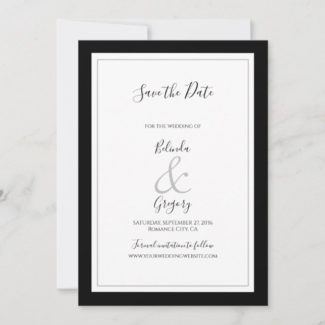 Elegant Monogram Black & White Bröllop Spara Datumet (Framsida)