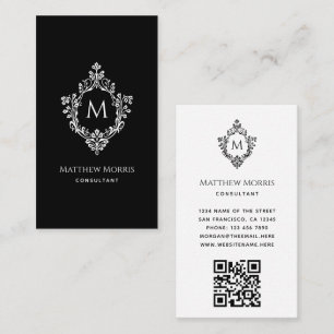 Elegant Monogram Black White QR Code Vintage Vapen Visitkort