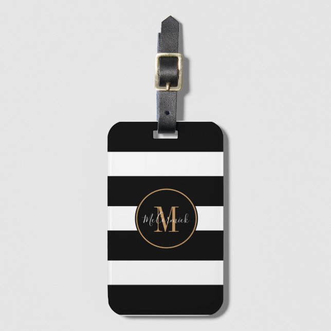 Elegant Monogram Black White Rand Guld Namn Bagagebricka (Framsida vertikal)