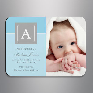 Elegant Monogram Block Baby Pojke Himmelblå Födels Magnet