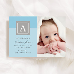 Elegant Monogram Block Baby Pojke Himmelblå Förlos Meddelande
