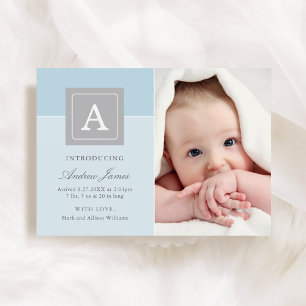 Elegant Monogram Block Baby Pojke Ljusblå Födelse Meddelande