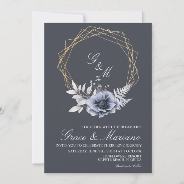 Elegant monogram blommig blå bröllopsinbjudan inbjudningar (Framsida)