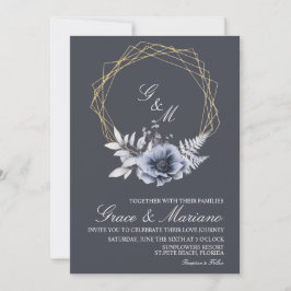 Elegant monogram blommig blå bröllopsinbjudan inbjudningar