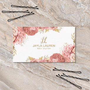 Elegant Monogram Blommig Rosa Guld Visitkort