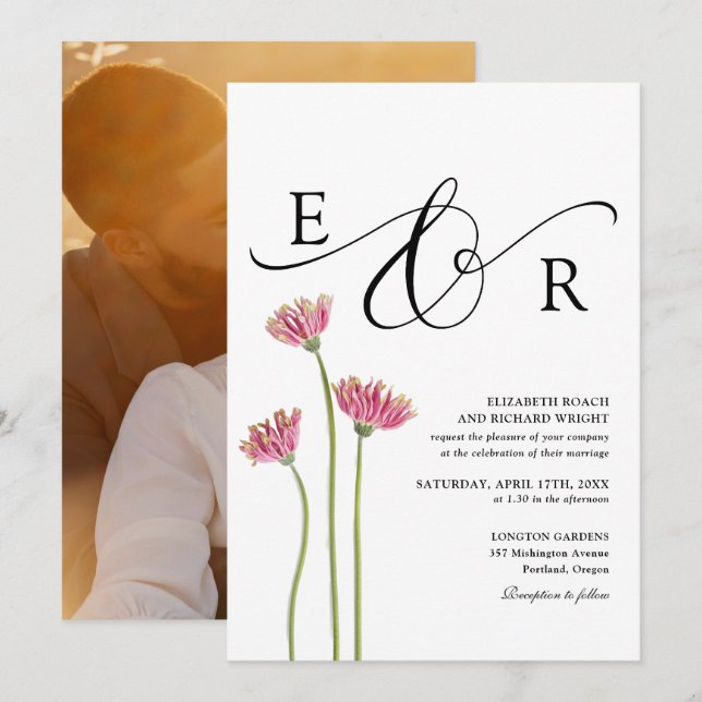 Elegant Monogram Blommig Vildblommor Foto Bröllop Inbjudningar (Fram/baksida)