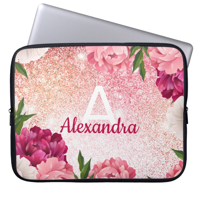 Elegant Monogram Blommigt Glitter Laptop Fodral (Framsidan)